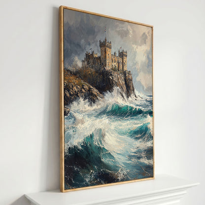 Medieval Castle on Stormy Cliffs Canvas Wall Art in white oak floating frame