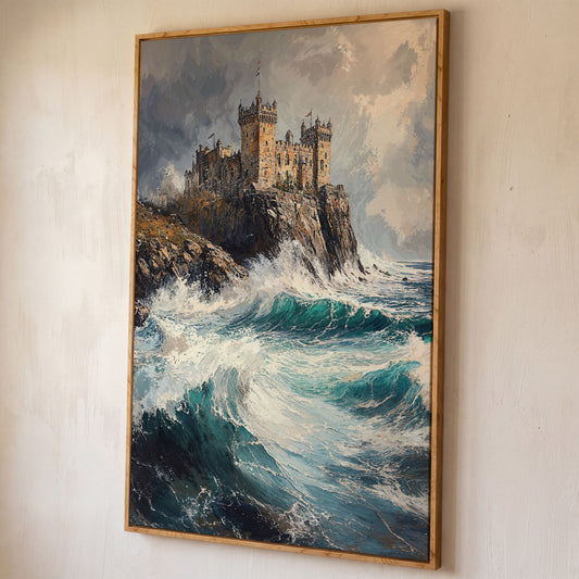 Medieval Castle on Stormy Cliffs Canvas Wall Art shown in white oak floating frame