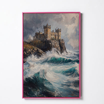 Medieval Castle on Stormy Cliffs Canvas Wall Art in pink floating frame