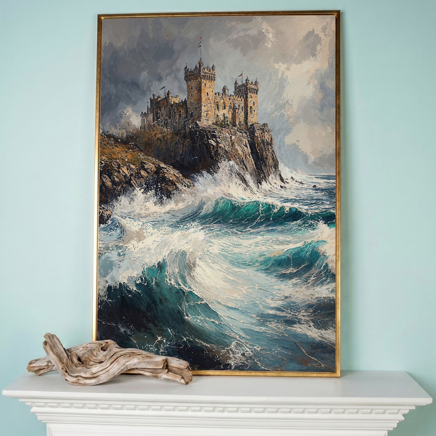 Medieval Castle on Stormy Cliffs Canvas Wall Art in rose gold floating frame