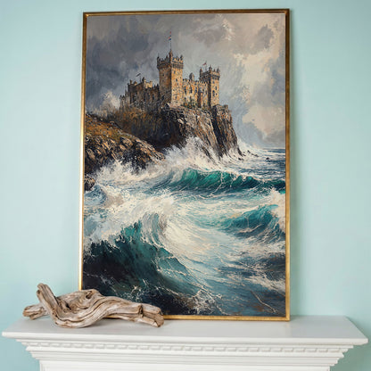 Medieval Castle on Stormy Cliffs Canvas Wall Art in rose gold floating frame