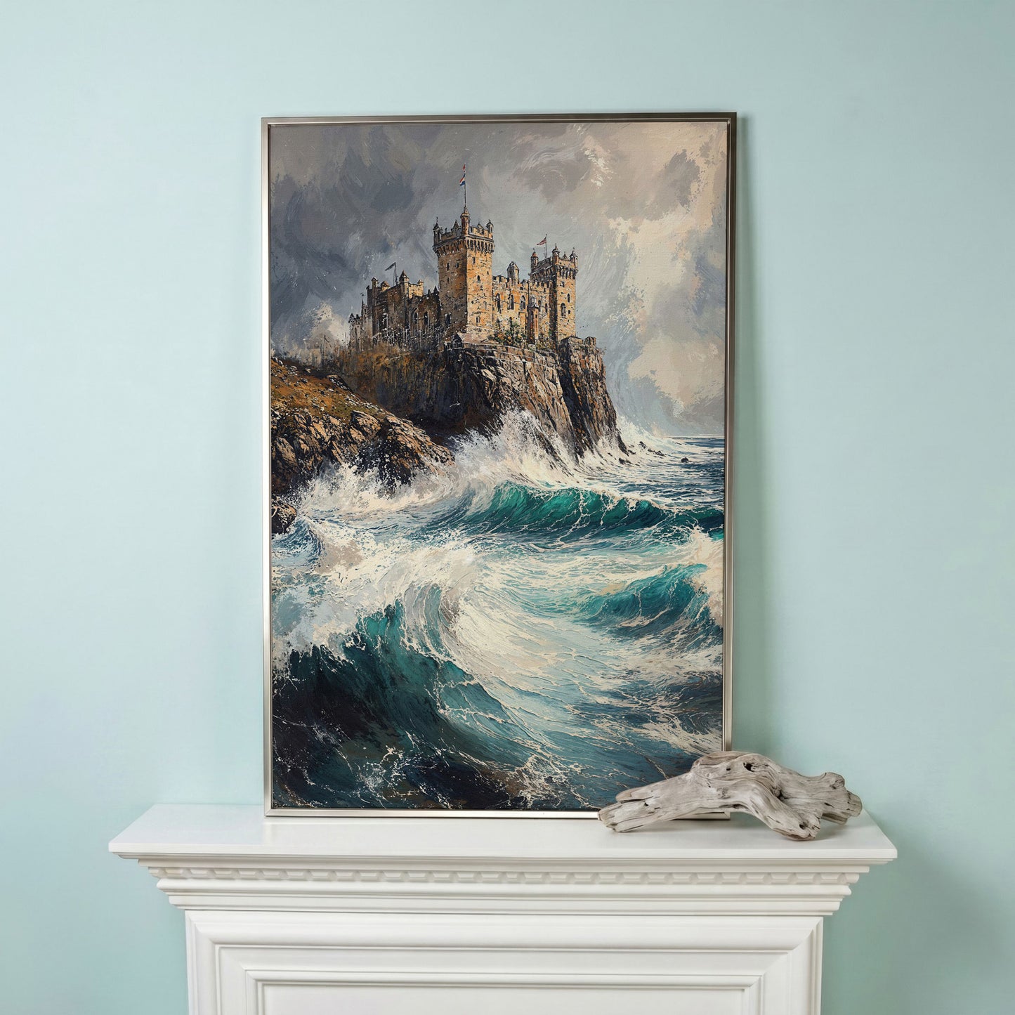 Medieval Castle on Stormy Cliffs Canvas Wall Art in silver floating frame
