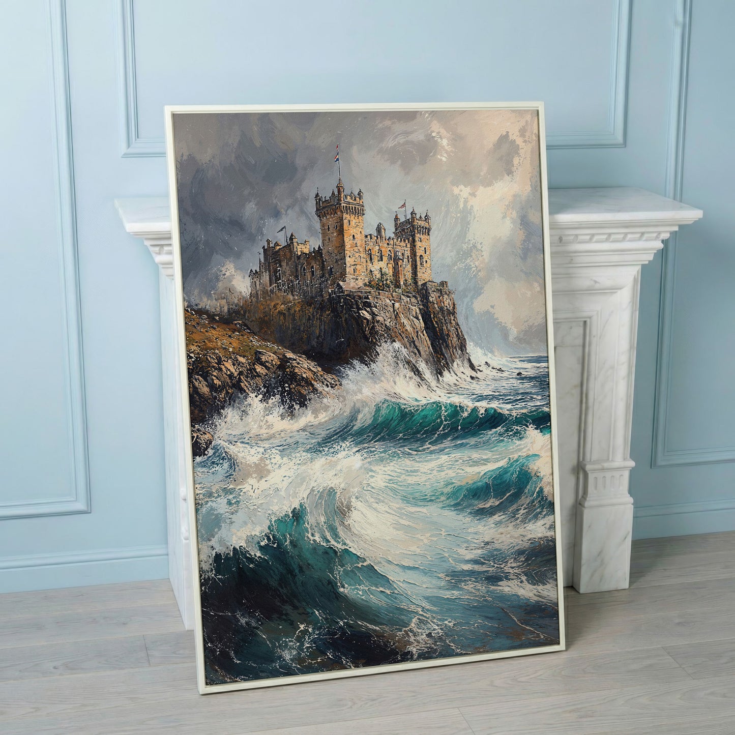 Medieval Castle on Stormy Cliffs Canvas Wall Art in white floating frame