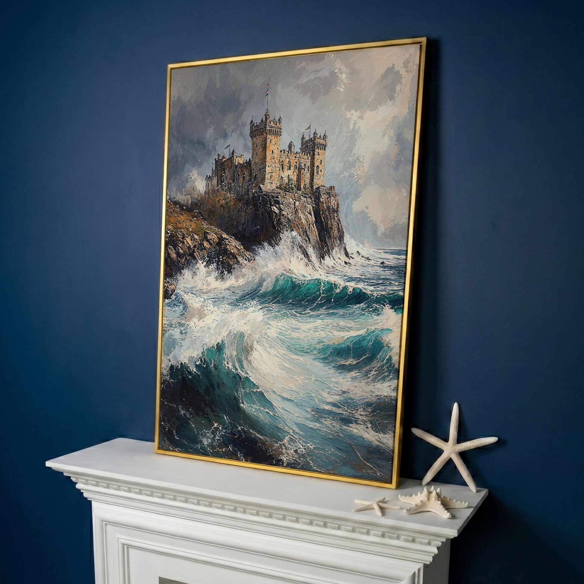 Medieval Castle on Stormy Cliffs Canvas Wall Art in yellow gold floating frame