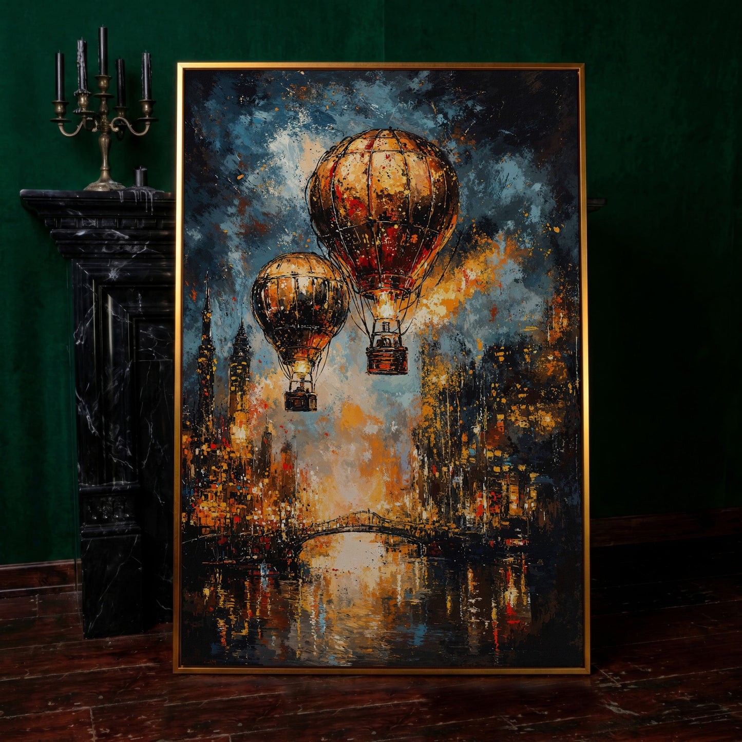 Hot Air Balloons Over City Canvas Print in antique gold floating frame