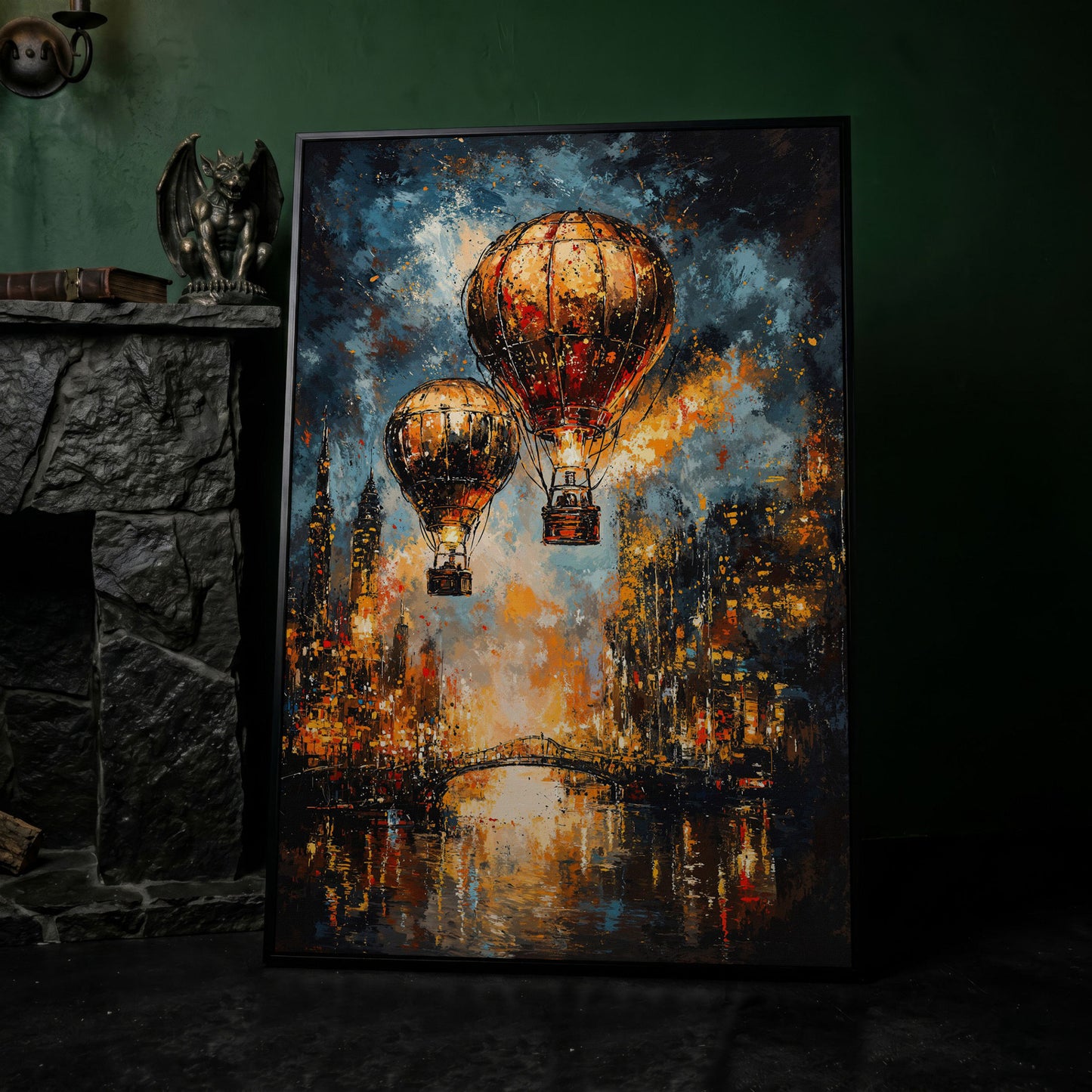 Hot Air Balloons Over City Canvas Print in black floating frame