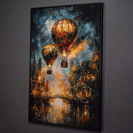 Hot Air Balloons Over City Canvas Print shown in black floating frame