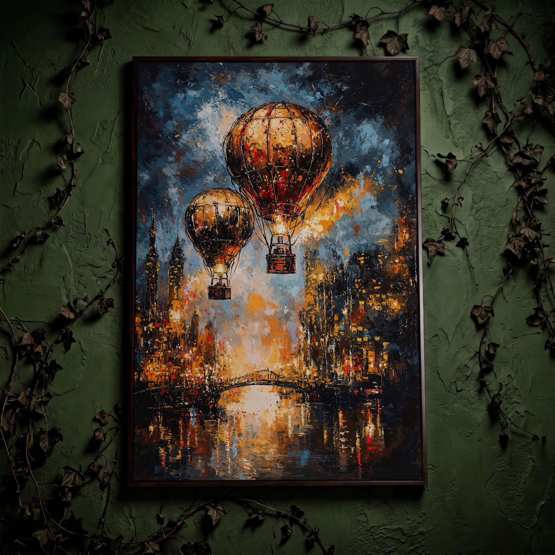 Hot Air Balloons Over City Canvas Print in dark walnut floating frame