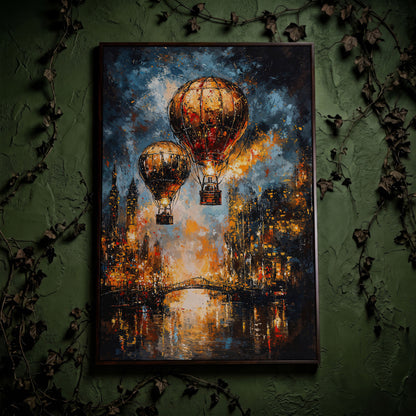 Hot Air Balloons Over City Canvas Print in dark walnut floating frame