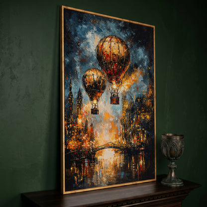 Hot Air Balloons Over City Canvas Print in white oak floating frame
