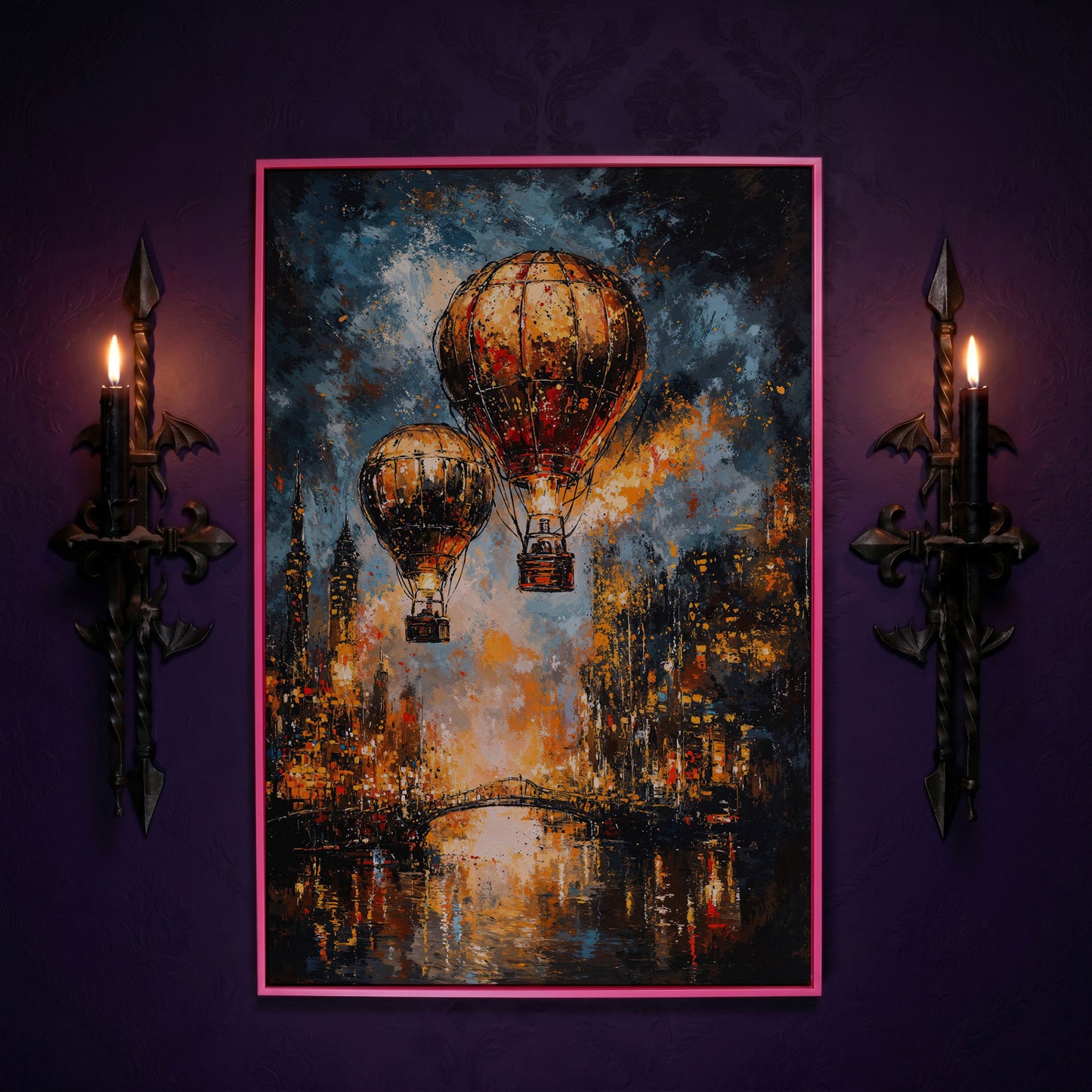 Hot Air Balloons Over City Canvas Print in pink floating frame