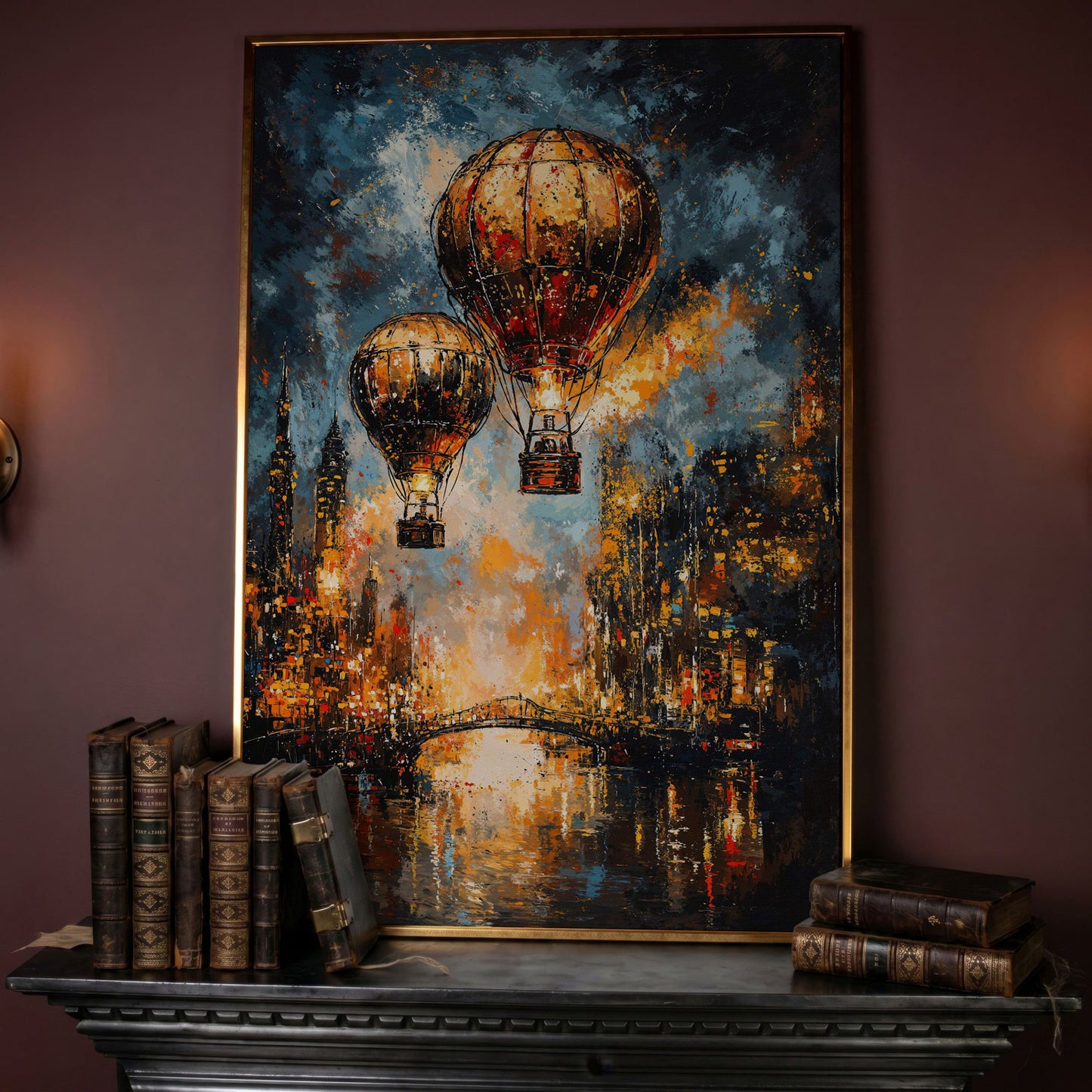 Hot Air Balloons Over City Canvas Print in rose gold floating frame