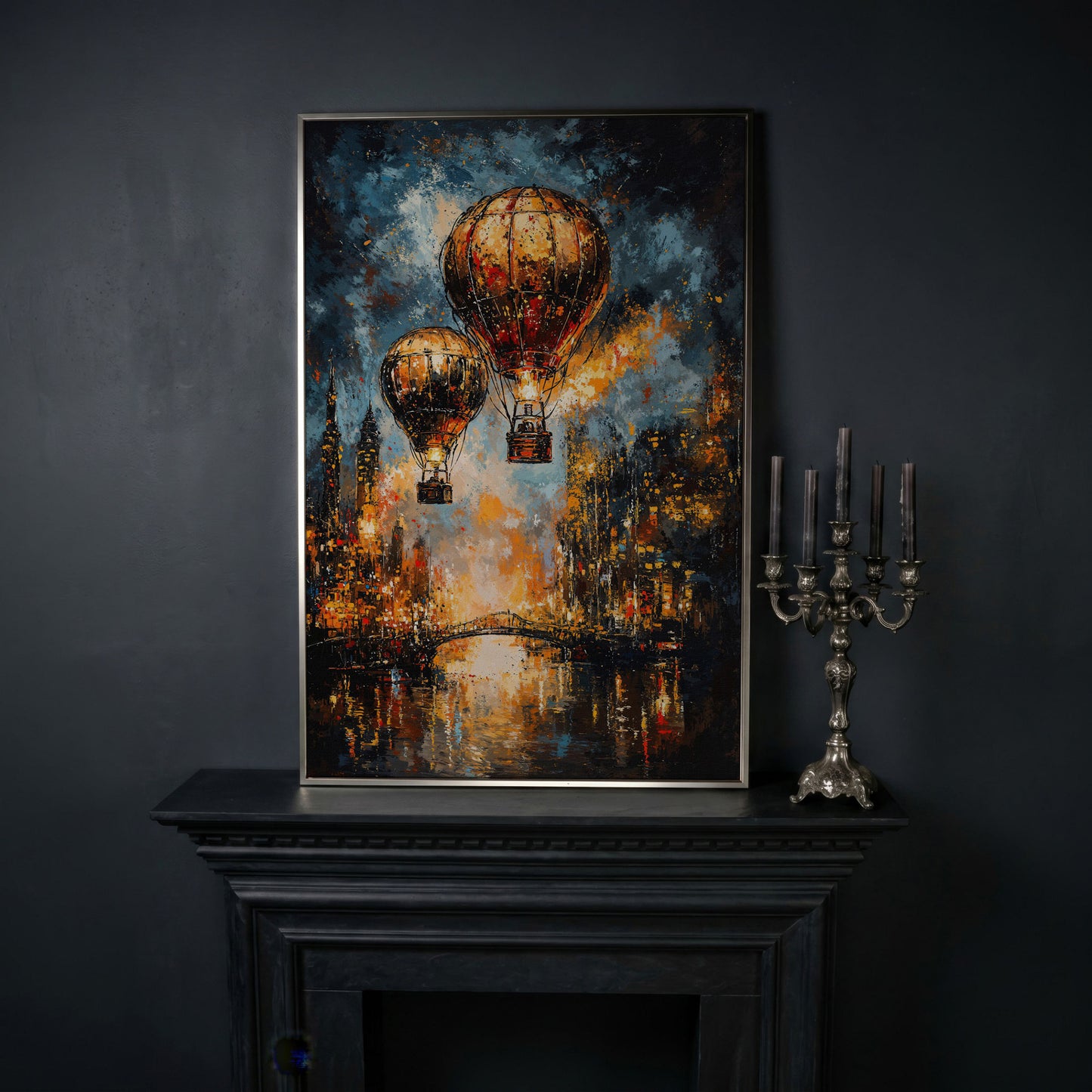 Hot Air Balloons Over City Canvas Print in silver floating frame