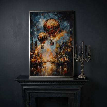 Hot Air Balloons Over City Canvas Print in silver floating frame