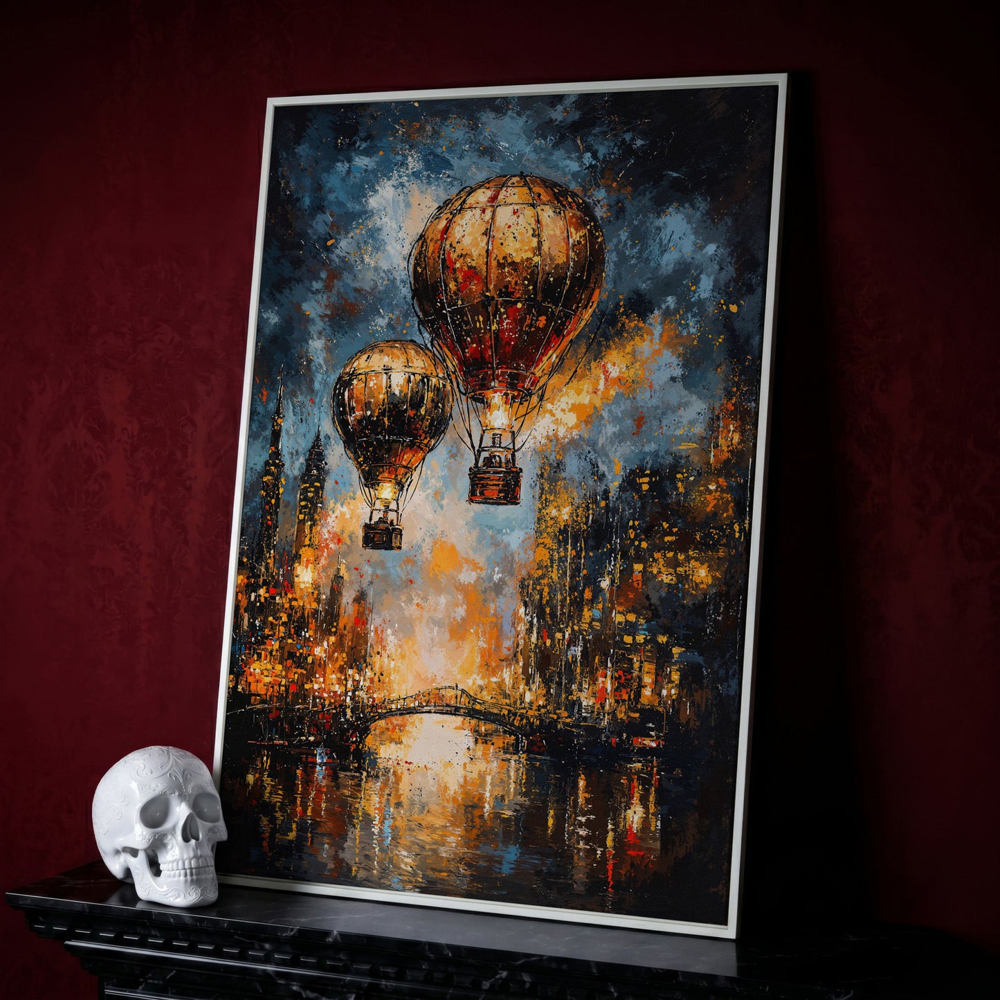Hot Air Balloons Over City Canvas Print in white floating frame