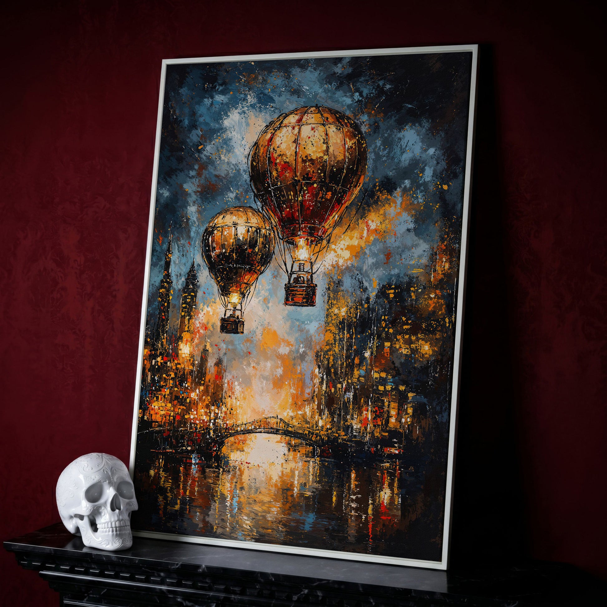 Hot Air Balloons Over City Canvas Print in white floating frame