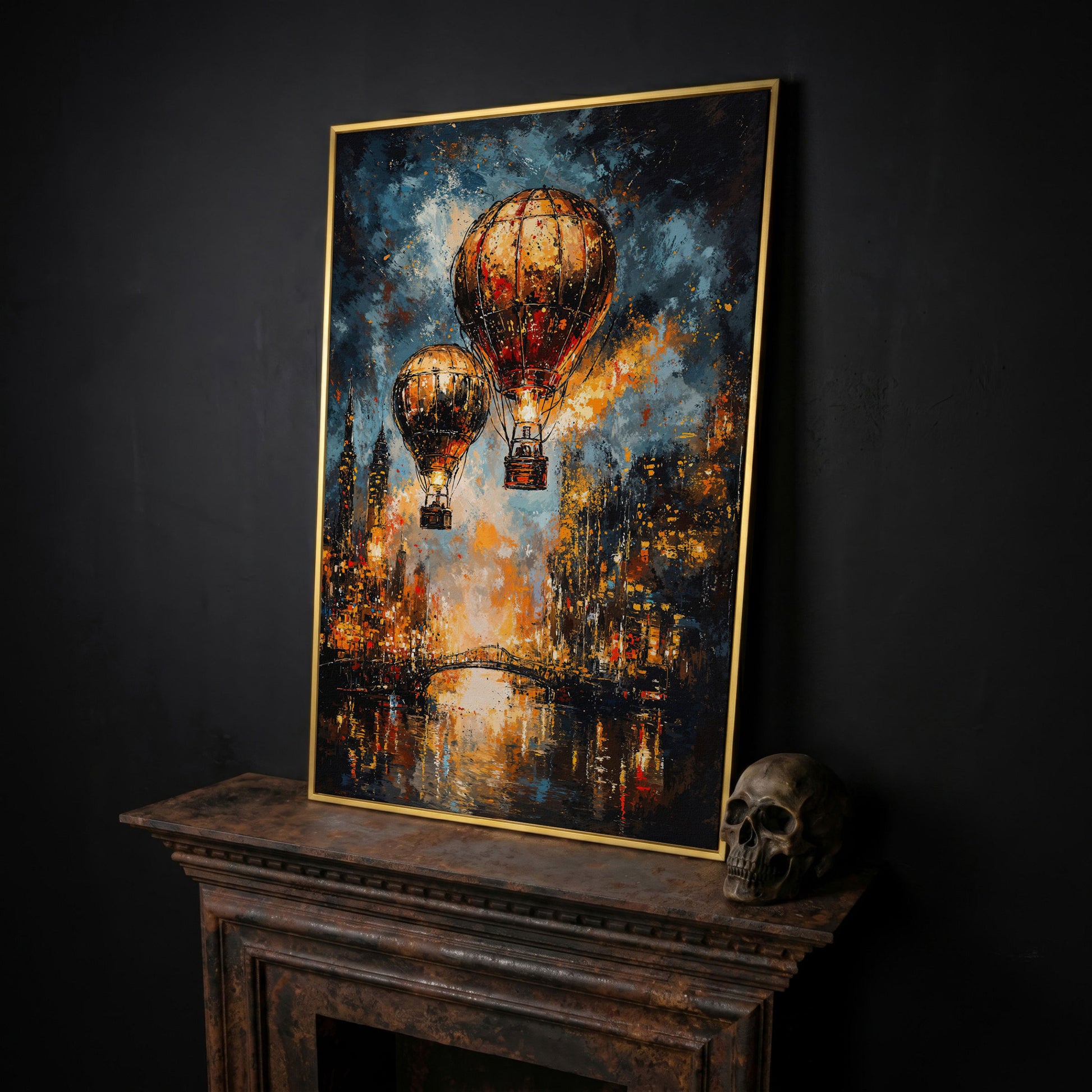 Hot Air Balloons Over City Canvas Print in yellow gold floating frame