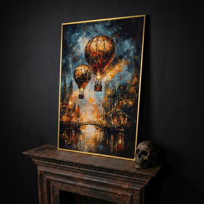 Hot Air Balloons Over City Canvas Print in yellow gold floating frame
