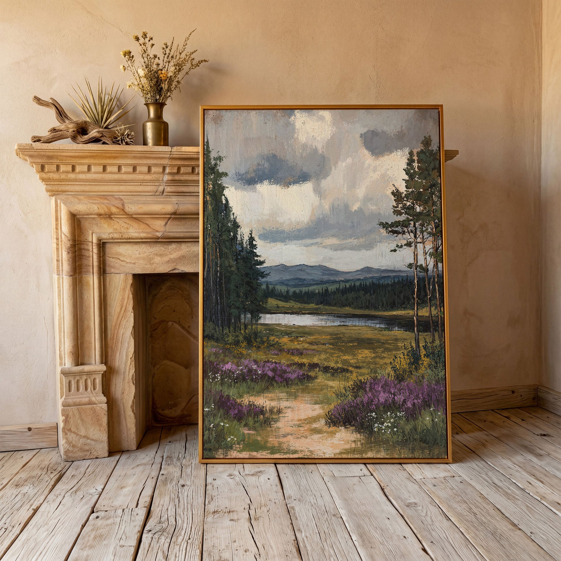 Serene Countryside With Lake Canvas Print in antique gold floating frame