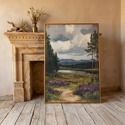Serene Countryside With Lake Canvas Print in antique gold floating frame
