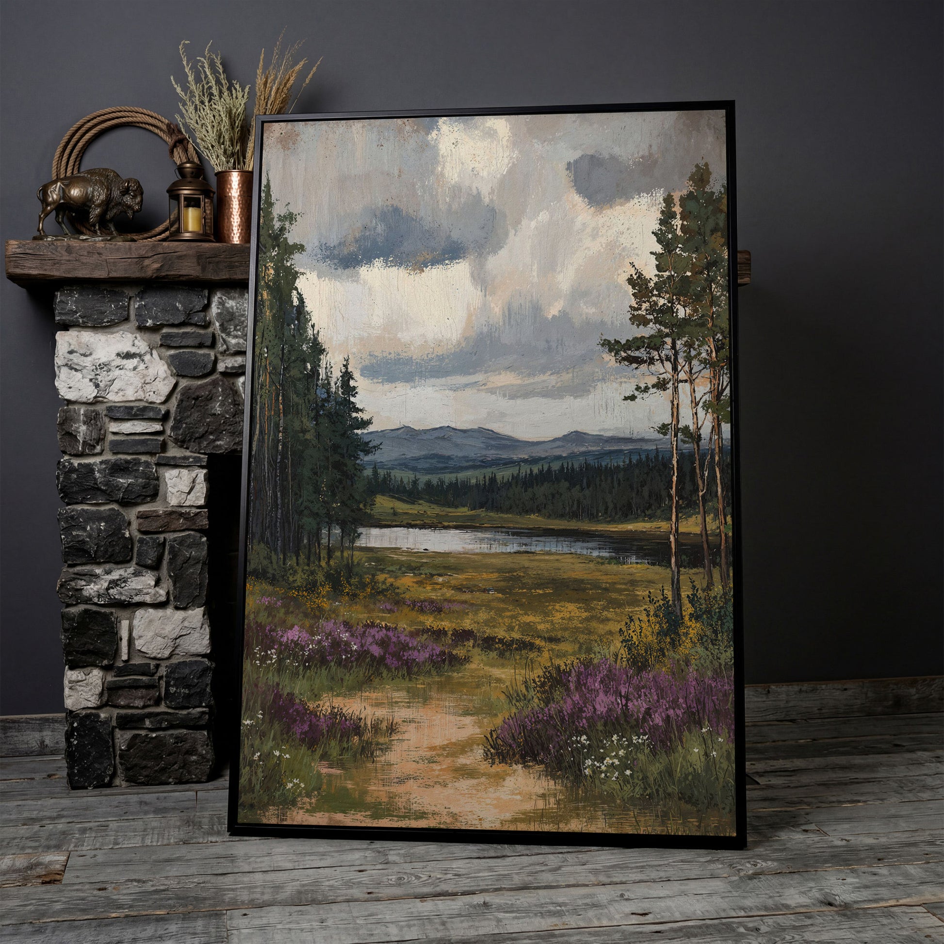 Serene Countryside With Lake Canvas Print in black floating frame