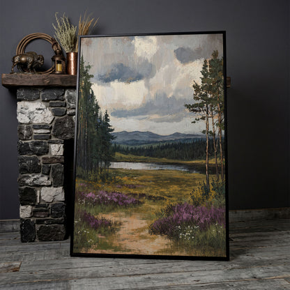 Serene Countryside With Lake Canvas Print in black floating frame