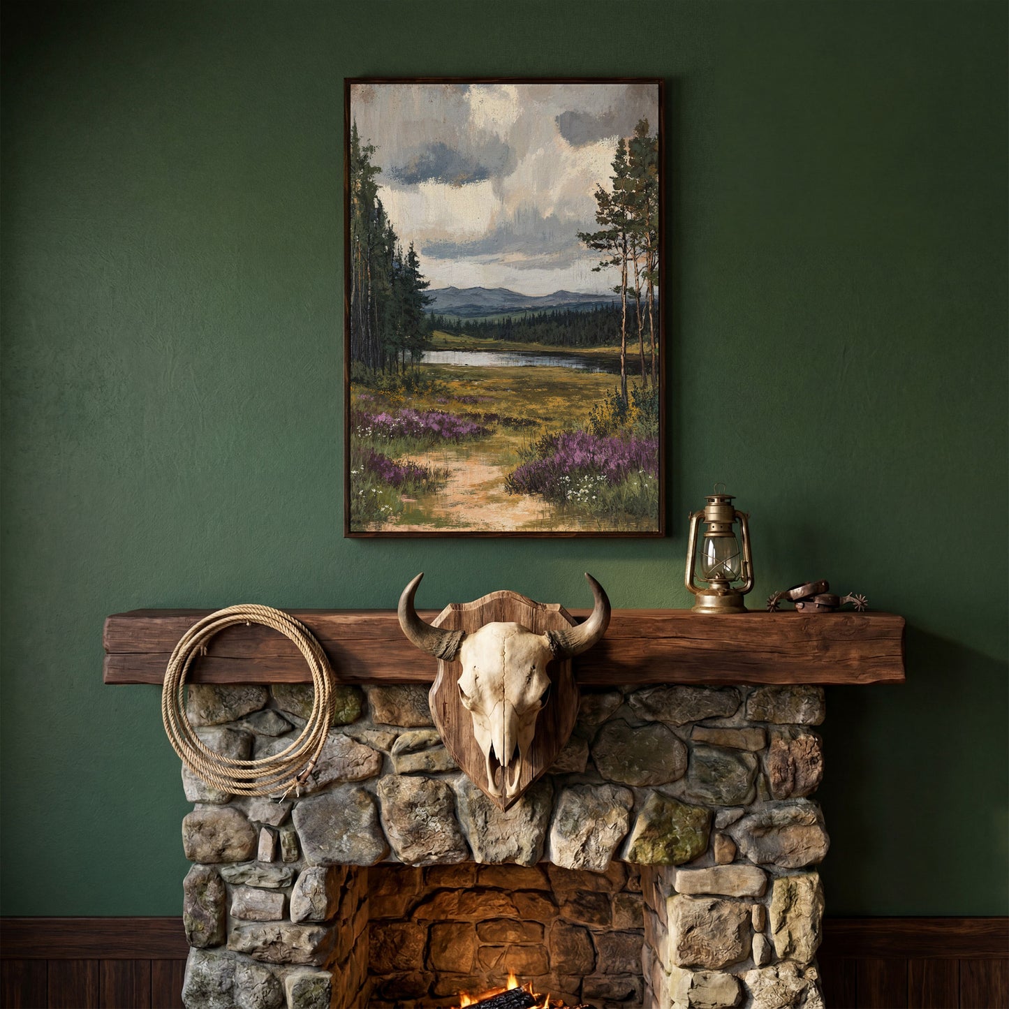 Serene Countryside With Lake Canvas Print in dark walnut floating frame