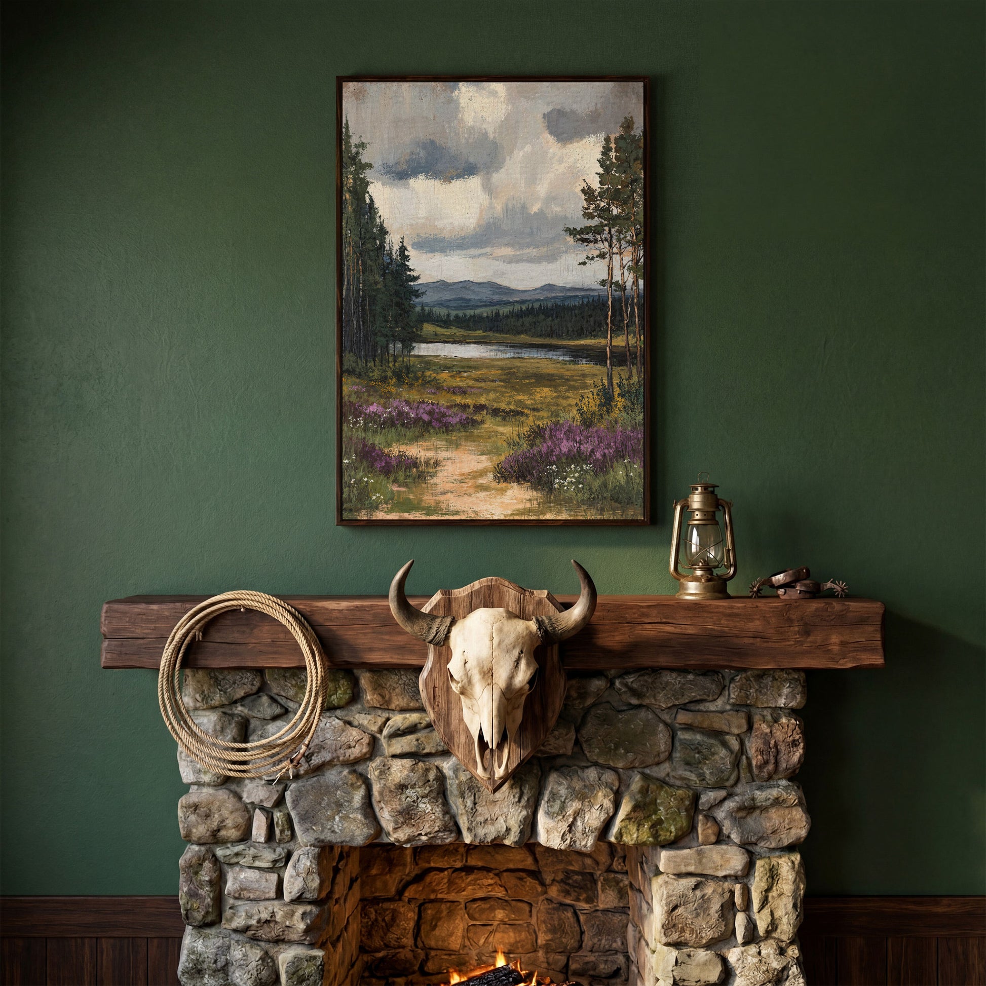 Serene Countryside With Lake Canvas Print in dark walnut floating frame