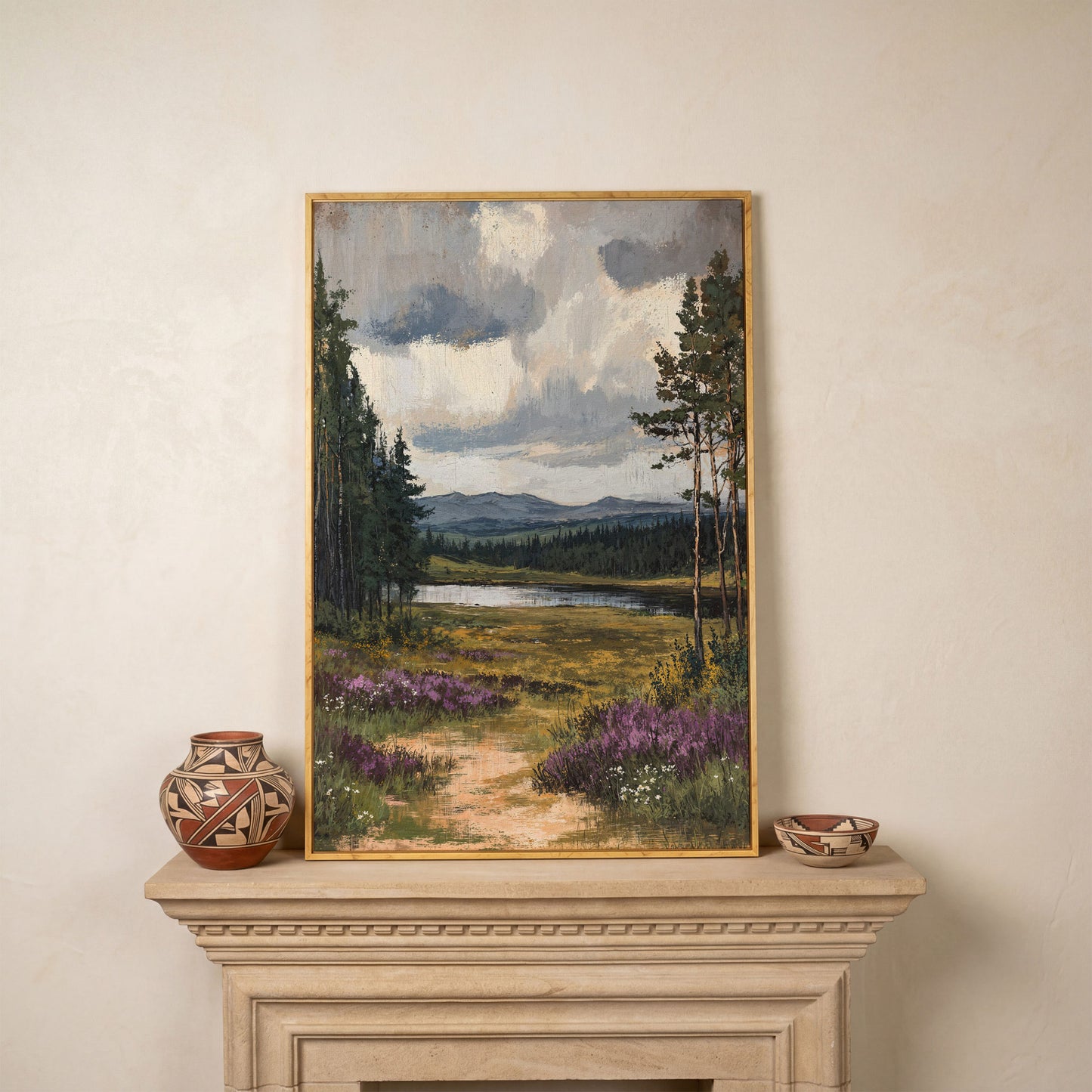 Serene Countryside With Lake Canvas Print in white oak floating frame