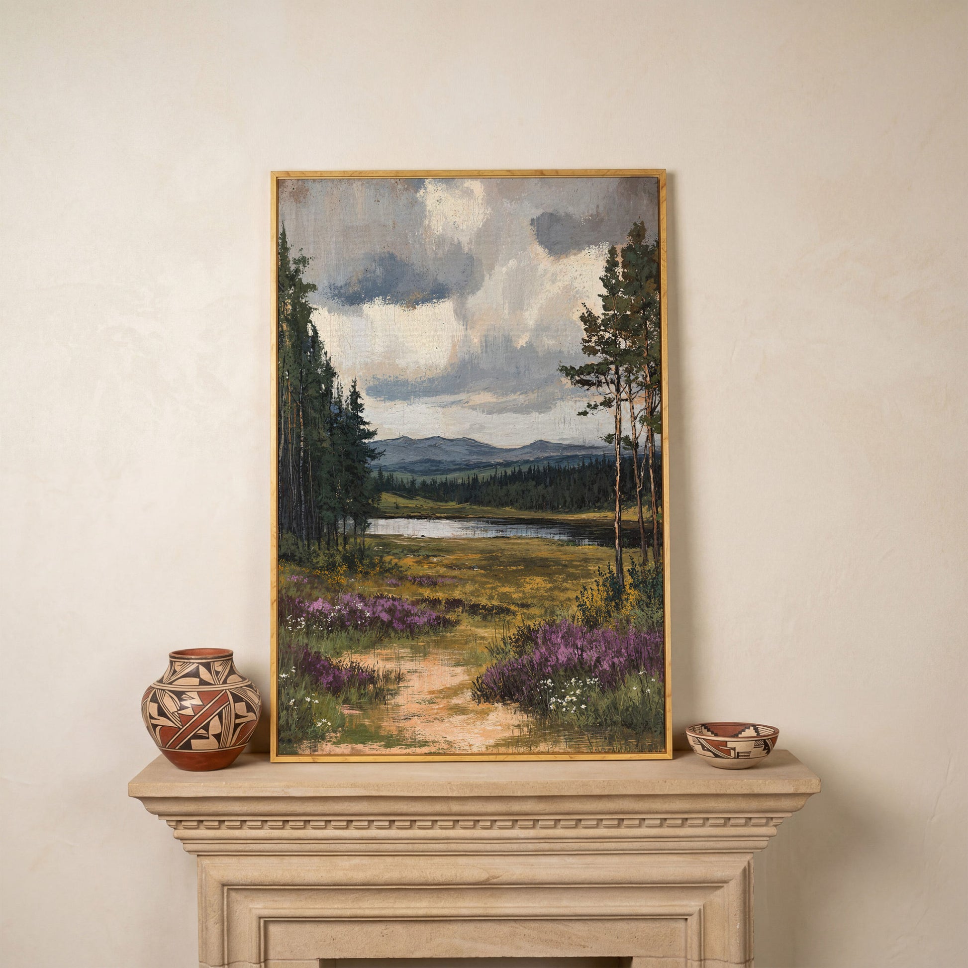 Serene Countryside With Lake Canvas Print in white oak floating frame