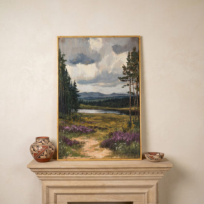 Serene Countryside With Lake Canvas Print in white oak floating frame