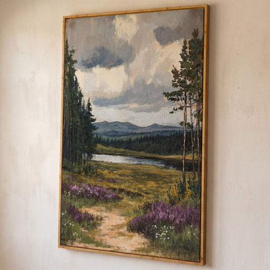 Serene Countryside With Lake Canvas Print shown in white oak floating frame
