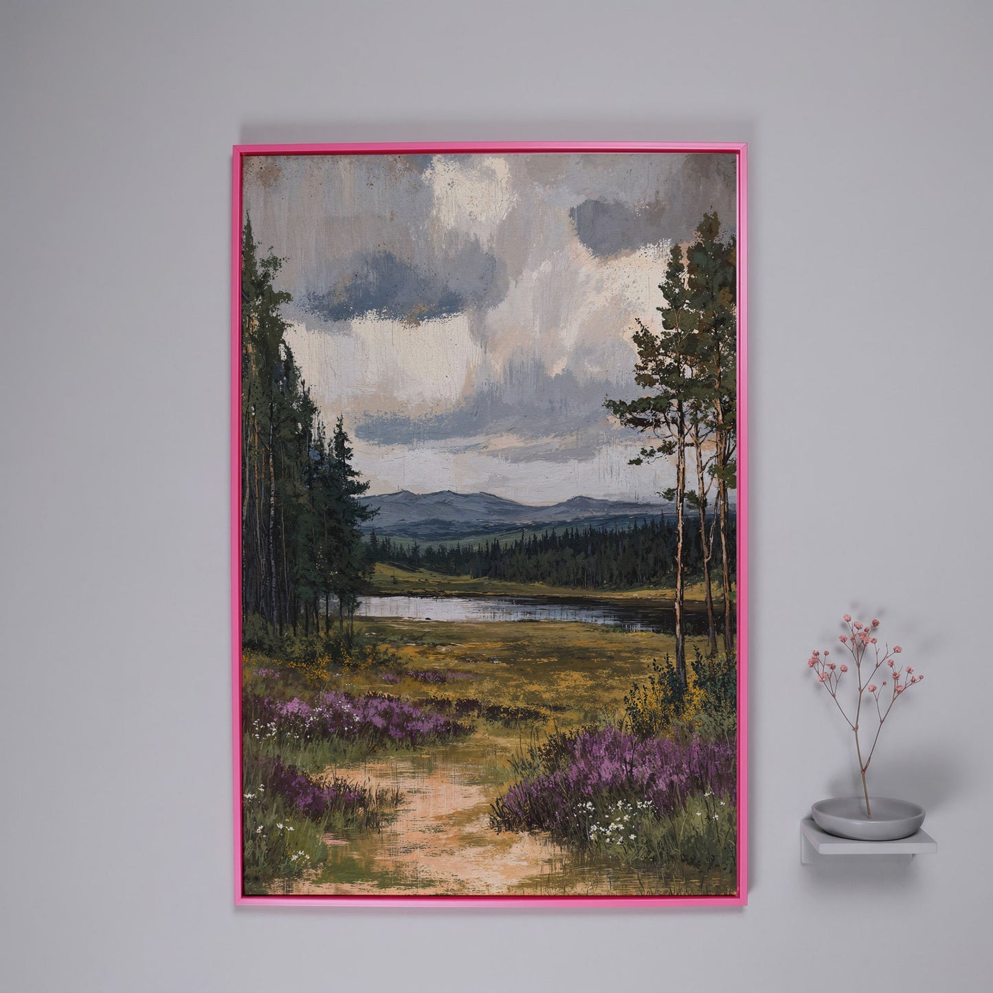 Serene Countryside With Lake Canvas Print in pink floating frame