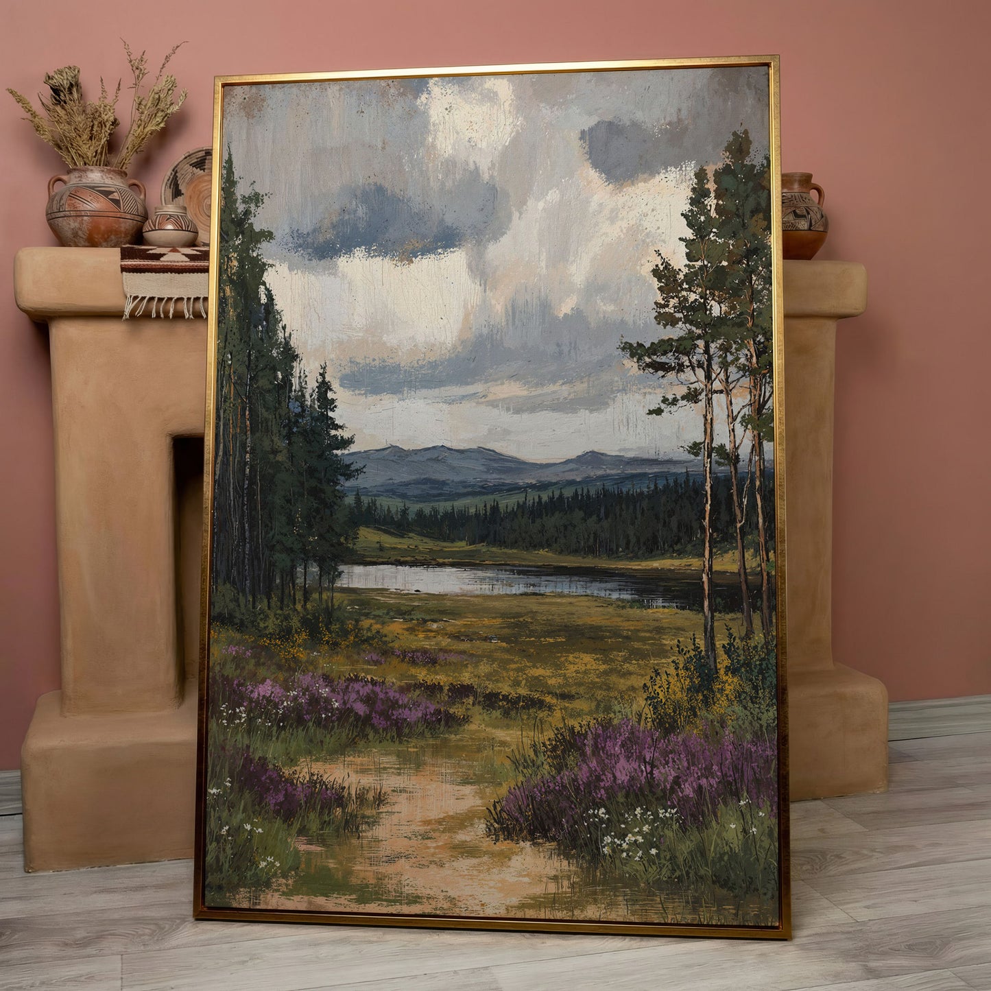 Serene Countryside With Lake Canvas Print in rose gold floating frame