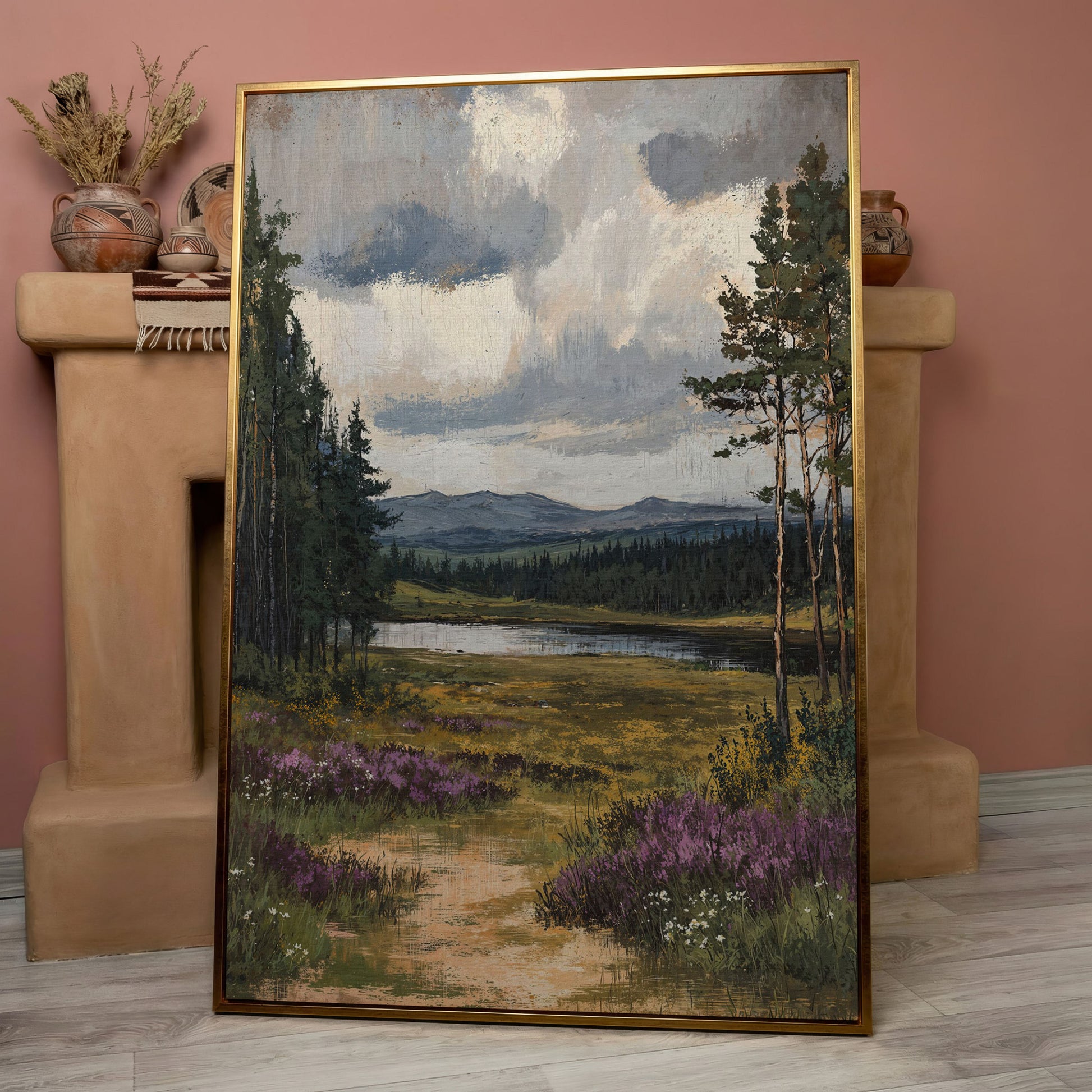 Serene Countryside With Lake Canvas Print in rose gold floating frame