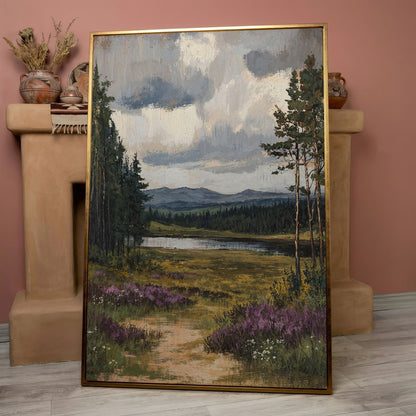 Serene Countryside With Lake Canvas Print in rose gold floating frame