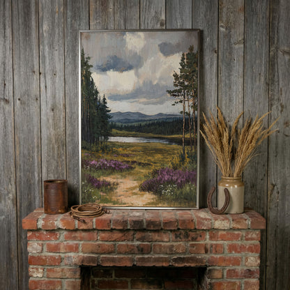Serene Countryside With Lake Canvas Print in silver floating frame