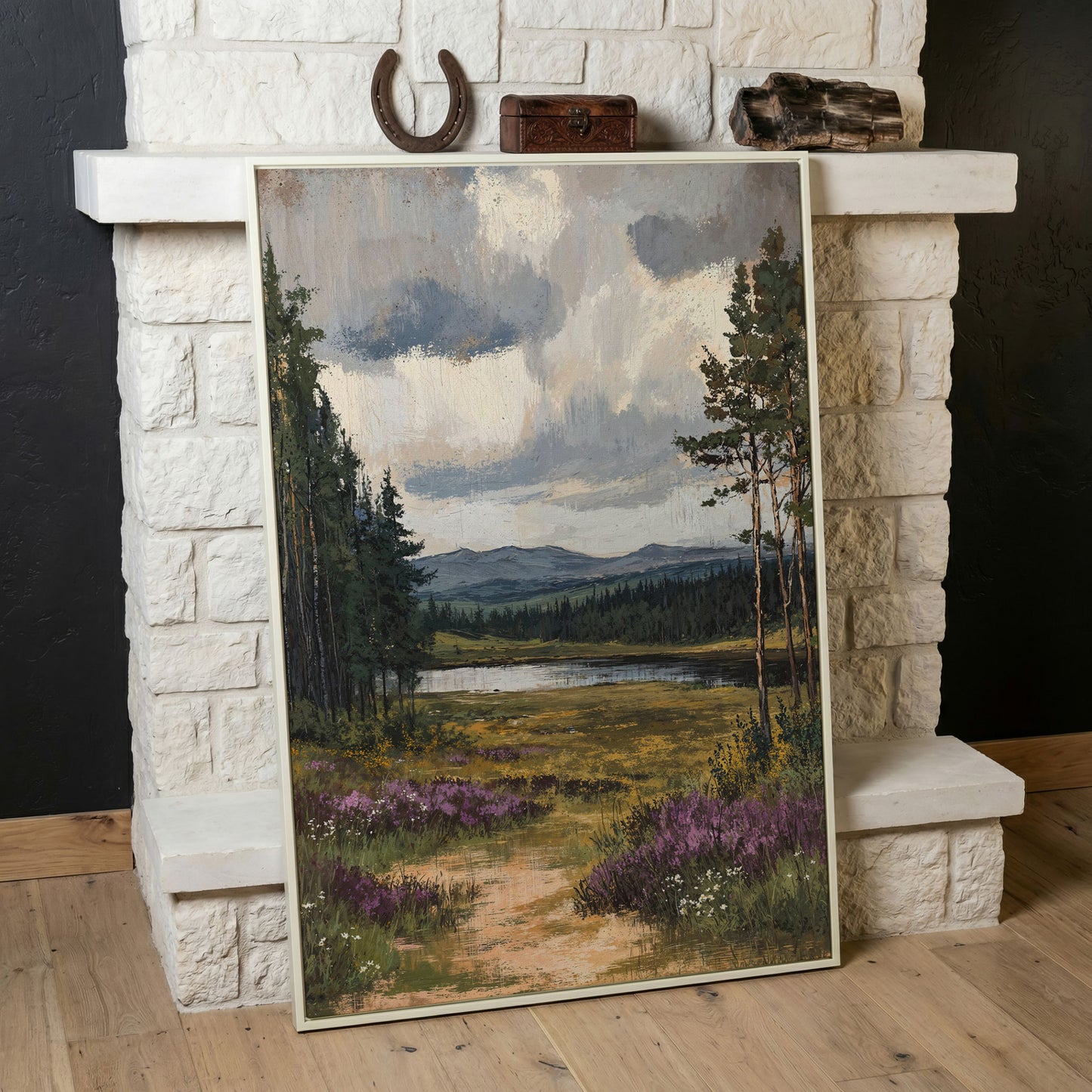 Serene Countryside With Lake Canvas Print in white floating frame