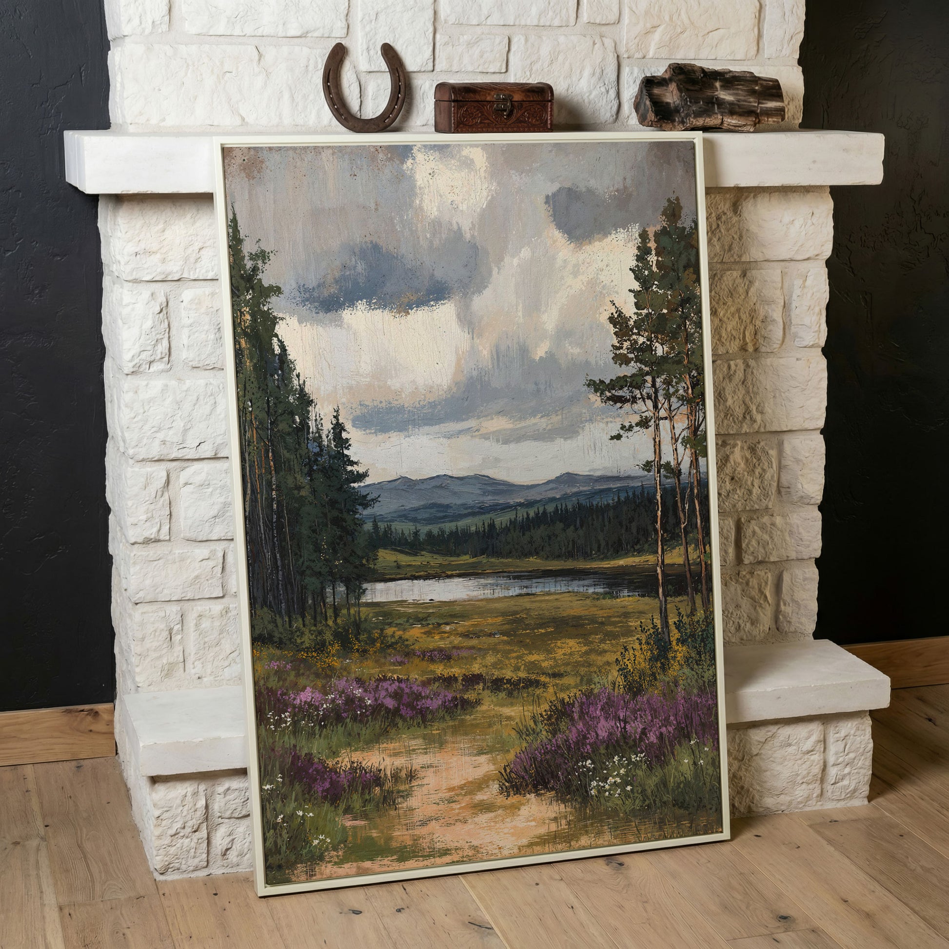 Serene Countryside With Lake Canvas Print in white floating frame
