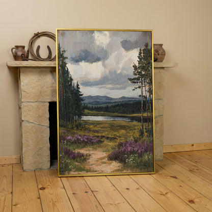 Serene Countryside With Lake Canvas Print in yellow gold floating frame