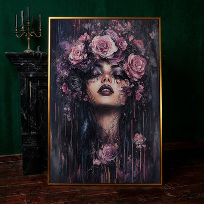 Dark Fantasy Floral Girl with Purple Rose Crown canvas in antique gold floating frame
