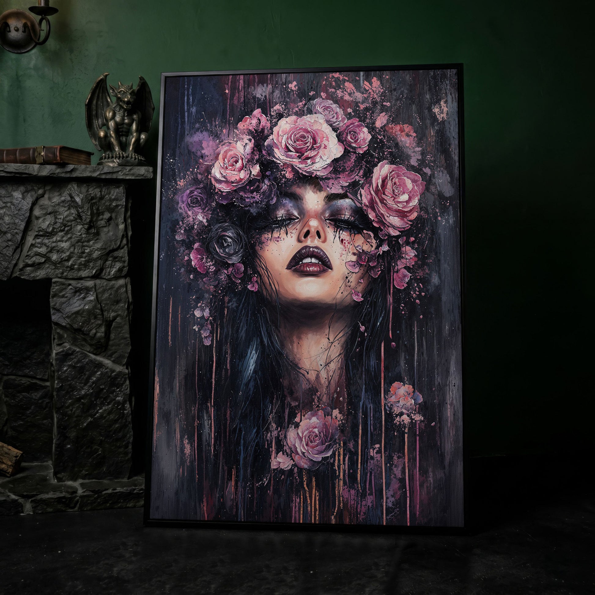 Dark Fantasy Floral Girl with Purple Rose Crown canvas in black floating frame