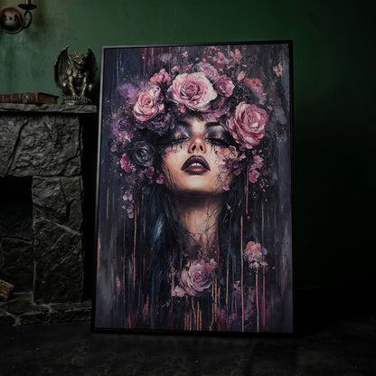 Dark Fantasy Floral Girl with Purple Rose Crown canvas in black floating frame