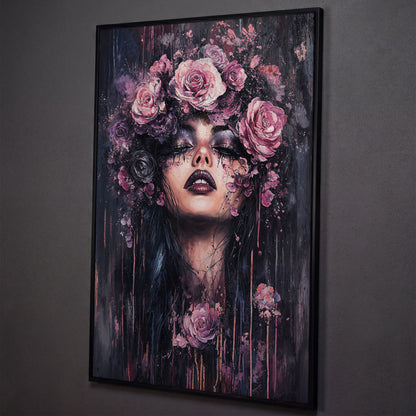 Dark Fantasy Floral Girl with Purple Rose Crown canvas shown in black floating frame