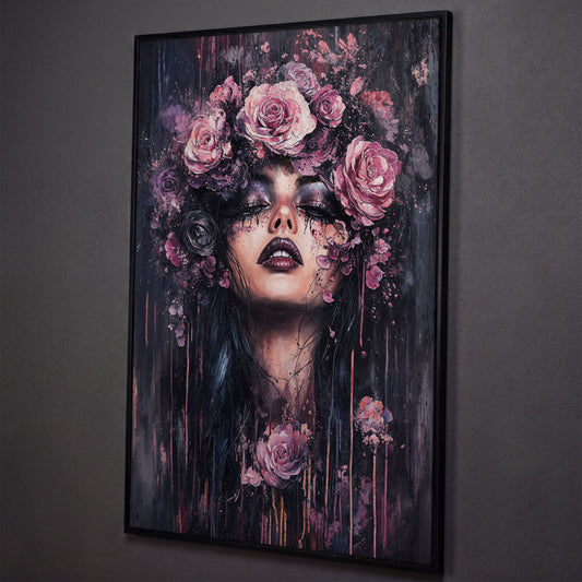 Dark Fantasy Floral Girl with Purple Rose Crown canvas shown in black floating frame