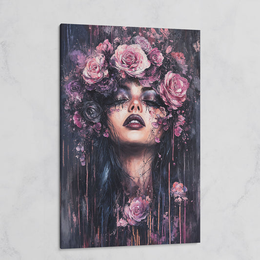 Dark Fantasy Floral Girl with Purple Rose Crown on gallery wrap canvas