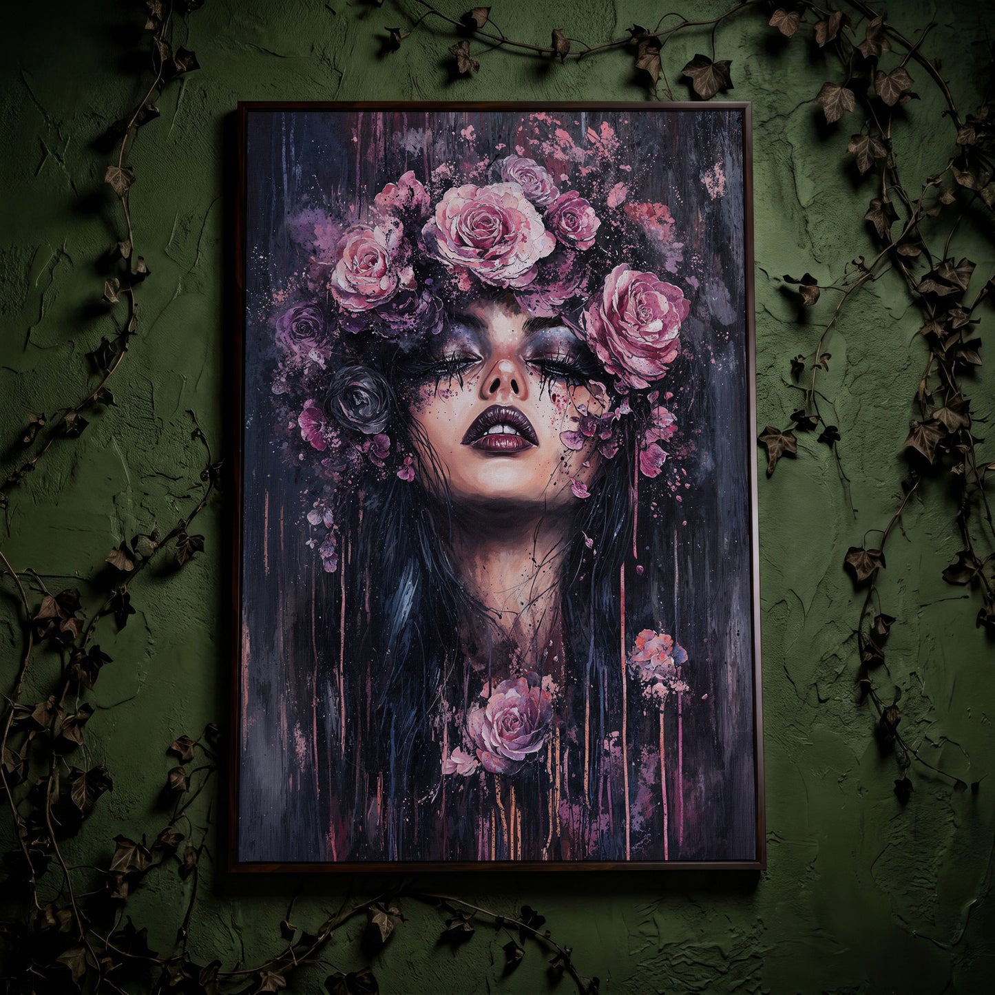 Dark Fantasy Floral Girl with Purple Rose Crown canvas in dark walnut floating frame