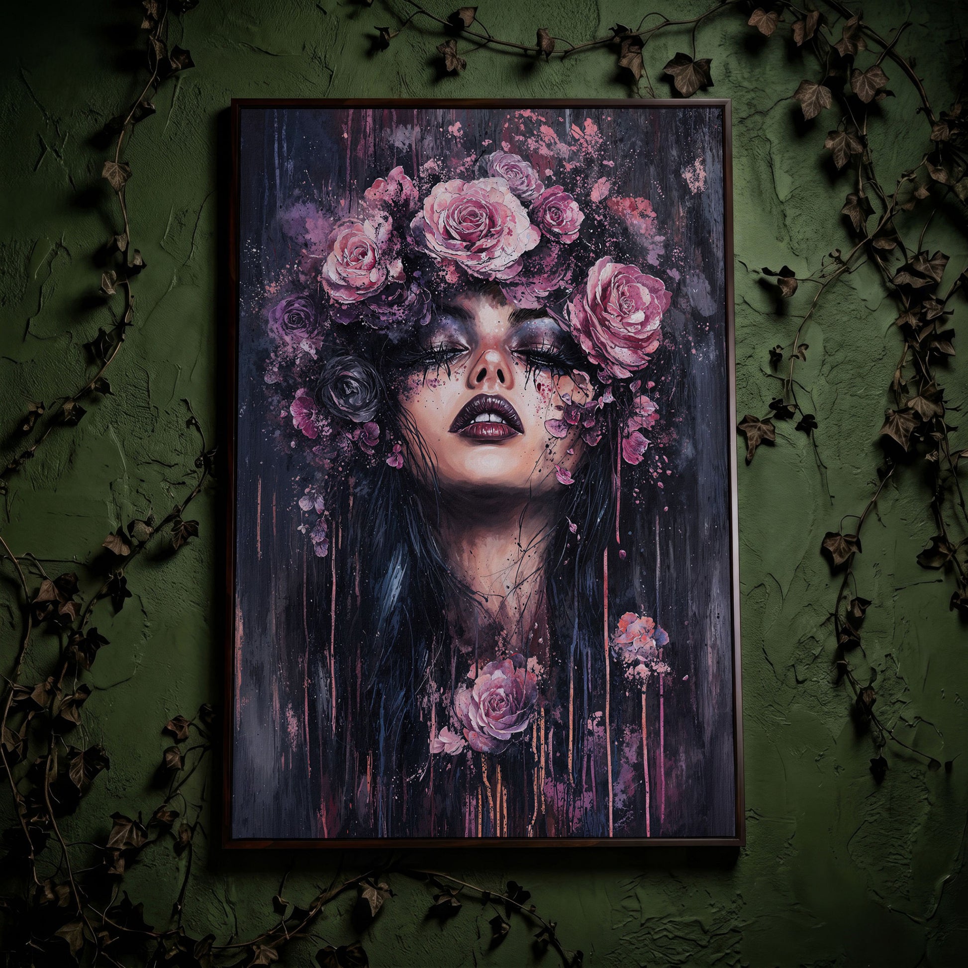 Dark Fantasy Floral Girl with Purple Rose Crown canvas in dark walnut floating frame