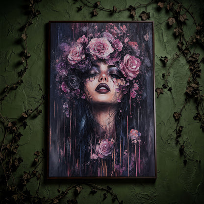 Dark Fantasy Floral Girl with Purple Rose Crown canvas in dark walnut floating frame