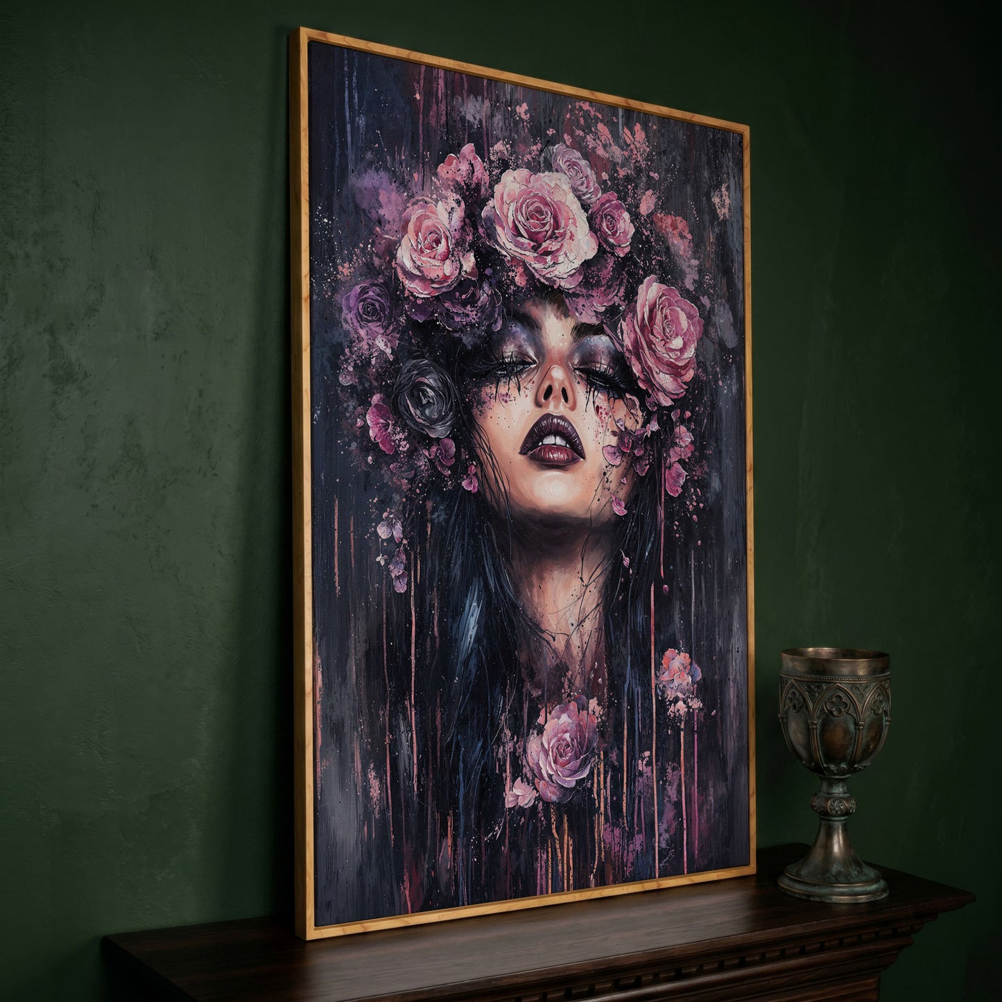 Dark Fantasy Floral Girl with Purple Rose Crown canvas in white oak floating frame